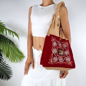 Vintage Red Embroidered Fairy Grunge Bohemian Beachy Shoulder Bag Tote Purse